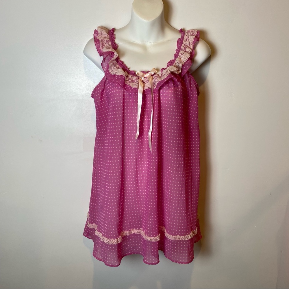 Ambrielle Pink Polka Dot Chemise with Lace Trim